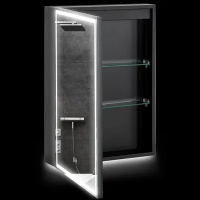 Produktbild von Spiegelschrank Bad, Badezimmerschrank mit LED-Beleuchtung, Anti-Beschlag, Hängeschrank mit 3 Lichtfarben, Memory-Funktion für Badezimmer, Schwarz, 50 x 12,8 x 70 cm