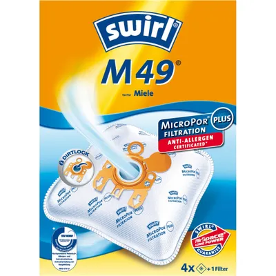 Packaging for Swirl brand vacuum cleaner bags, model M49 MP Plus.