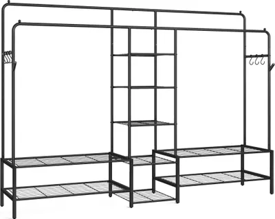A black metal clothing rack with shelves and hooks against a white background.