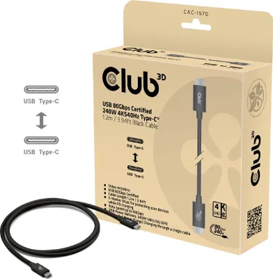 Immagine prodotto di Club3d CLUB3D Cavo USB 80Gbps 240W 8K240Hz Type-C® 1,2m / 3,94ft nero