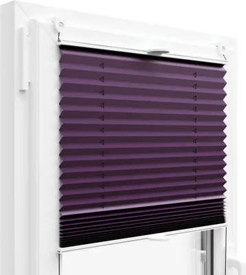 A close-up view of a purple pleated blind installed in a white window frame.