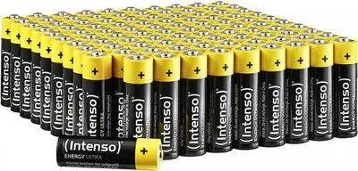 A large group of AA batteries arranged in rows.