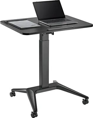 A black mobile laptop desk with wheels and a laptop and tablet on it.