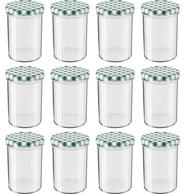 Produktbild von WELLGRO Einmachgläser mit Schraubdeckel - 435 ml, 8,5 x 12 cm (ØxH), Glas / Metall, grün karierte Deckel To 82, Gläser  Germany, verschiedene Mengen wählbar