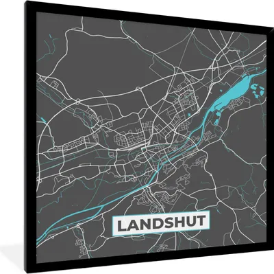 Produktbild von MuchoWow® Gerahmtes Poster Karte - Stadtplan - Landshut - Deutschland - Blau 40x40 cm - Poster mit Schwarzem Bilderrahmen Wandposter Rahmen Foto Bilder - Mit Rahmen - Wanddekoration Schlafzimmer