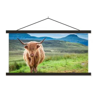 Produktbild von MuchoWow® Textilposter Schottischer Hochländer - Kuh - Natur - Berg - Gras 150x75 cm mit schwarzem Rahmen - Posterleiste