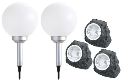 Produktbild von 5er Set LED Solarleuchte, Stein, Kugel, weiß, grau