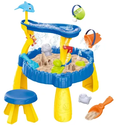 Produktbild von WOOPIE Wasser-Spieltisch XL mit Sitzgelegenheit 2-in-1, Sandkasten "Delfin" mit 12 Teilen.