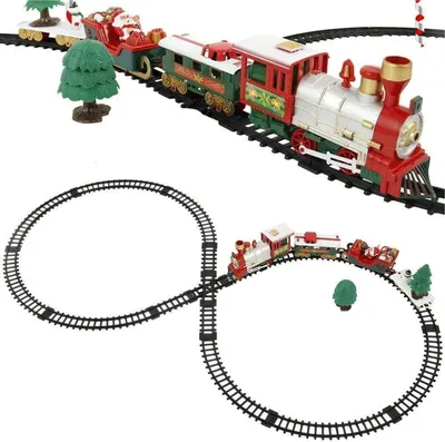 Weihnachtszug mit rot-grün-silberner Lokomotive, zwei festlichen Waggons, darunter einer mit Weihnachtsmann, und schwarzen Gleisen in Achtform