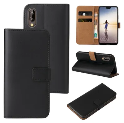 A collage of images showing a black flip phone case for a Huawei P20 Lite, including the case open, closed, and in a stand position.