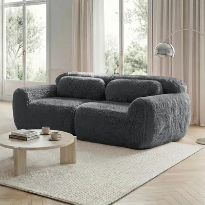 Zdjęcie produktu dla Sofa dwuosobowe, szare, wykonane z pluszu, modułowa konstrukcja bez ramy, wysokiej jakości, elastyczna pianka 32D, antypoślizgowa podstawa, z poduszkami, nie wymaga montażu