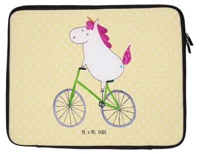 Produktbild von Mr. & Mrs. Panda Laptop Tasche Einhorn Radfahrer 20 x 28 cm - Gelb Pastell - Geschenk, Bike, Radfahren, Konfetti, Notebook Hülle, Unicorn, Sleeve, Laptoptasche, Einhörner