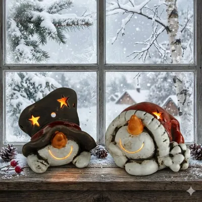 Produktbild von Weihnachts-Windlichter Schneemann 2er Set aus Ton, handbemalt, für Teelichter, ca. 10x12cm & 12x10cm