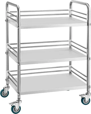 Produktbild von Edelstahl Servierwagen - Rollwagen mit 3 Etagen - Feststellrollen - Leicht zu reinigen - Für Küche, Labor, Krankenhaus - Silber