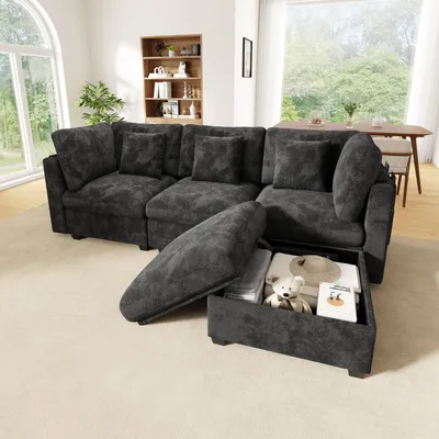 Zdjęcie produktu dla Sofa narożne Merax, 4-osobowe, w kształcie litery L, modułowe, z pojemnikiem na przechowywanie, podnóżek, tkanina typu "wafel", kieszeń na podłokietniku, 3 poduszki, sofa do salonu, kolor szary