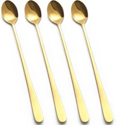 Productafbeelding van Unyqoos® 4-delige set lange, gouden lepels voor latte macchiato, ijs en cocktails – 22,3 cm, gemaakt van voedselveilig roestvrij staal