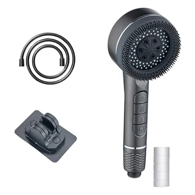 Produktbild von Duschkopf mit Schlauch und Halterung, Duschbrause mit Filter, Handbrause mit 4 Strahlarten, Ohne Bohren, Grau