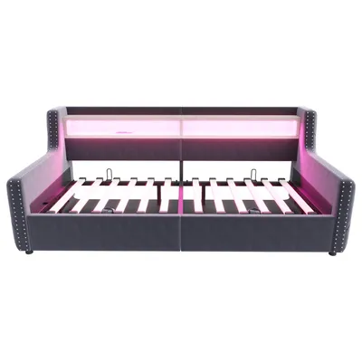 Produktbild von Flieks Schlafsofa Tagesbett 90x200cm mit Stauraum, Polsterbett Jugendbett mit Led, Sofabett Einzelbett mit Ladefunktion, Samt, Dunkelgrau