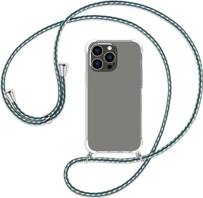 Produktbild von Handykette Backcover-Schutzhülle mit Band (Metall silberfarben) für Apple iPhone 14 Pro Max (6.7'') - grün/blau/weiß