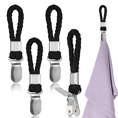 4 Handtuchclips mit Schlaufen, schwarz, 11 cm, für Bad & Küche