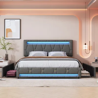Produktbild von ProximaX Polsterbett 160x200cm, Jugendbett Doppelbett mit 4 Schubladen, Stauraumbett Massivholzbett mit LED und Lattenrost, Leinen, Grau