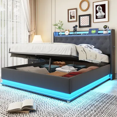Image de OKWISH Lit Coffre 140x200 cm - Lit Capitonné avec LED et Port USB, Rangement Hydraulique - Lin Gris, Sans Matelas