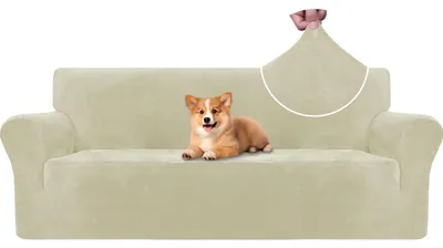 Produktbild von Sofabezug Samt 3 Sitzer Beige Elastisch Rutschfest Haustiergeeignet