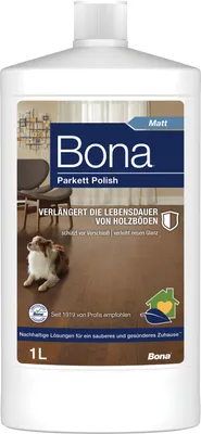Produktbild von Bona Parkett Polish Matt 1 sorgt für einen matten Glanz und schützt deinen Holzboden langanhaltend vor Verschleiß