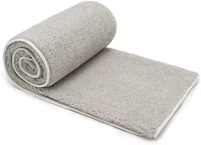 A rolled-up gray blanket is shown on a white background.