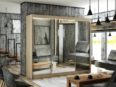 Produktbild von ALTDECOR Kleiderschrank mit Spiegel und Schiebetüren, kugelgelagerte Führungsschienen und Aluminium-Leisten, LED-Beleuchtung (weiß + 16 Farben) und Fernbedienung 250 cm Sonoma Eiche