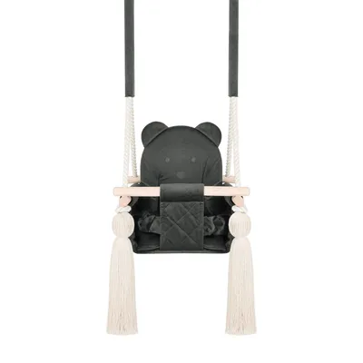Produktbild von Indoor-Babyschaukel Dunkelgrau aus Velvet – Mit Sicherheitsgurten, Teddybär-Design, Holzrahmen – Hergestellt in der EU