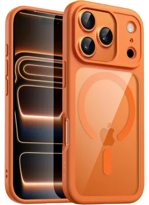 Productafbeelding van Telefoonschaal voor iPhone 17 Pro, 6,3 inch, compatibel met MagSafe, schokbestendig, transparant met een oranje TPU-rand