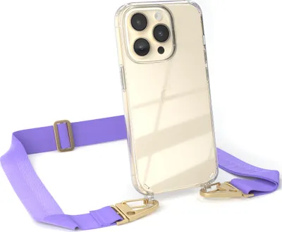 Produktbild von EAZY CASE - Hülle mit Band für Apple iPhone 14 Pro, Handyhülle mit Umhängeband, Silikonhülle transparent, Handykette in Violett