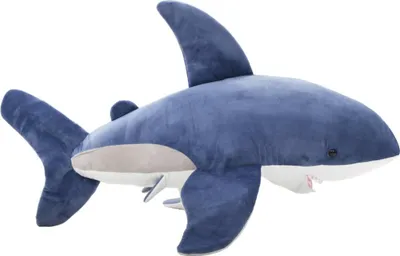 A plush toy shark is shown against a white background.