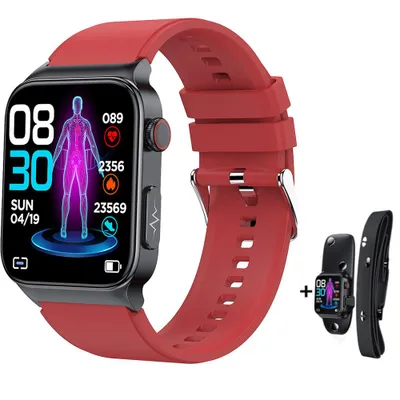 A smartwatch with a red strap is displayed on a white background, with a smaller accessory shown to the right.