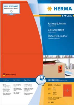 Zdjęcie produktu dla HERMA 4567, Czerwony, Prostokąt, A4, Uniwersalne, Matowy, Laser/Atrament