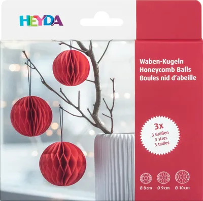 Image de HEYDA kit de décoration nid d'abeille "boules nid d'abeille" rouge 3 pièces