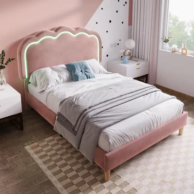 Produktbild von Polsterbett 90x190cm mit LED Kopfteil, verstellbares Kopfteil, Samtbezug in Rosa, Einzelbett mit Lattenrost für Schlafzimmer oder Gästezimmer