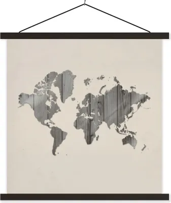 Produktbild von MuchoWow® Textilposter Weltkarte - Holz - Grau 40x40 cm mit schwarzem Rahmen - Fotos