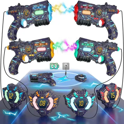 Image de Kit de laser tag – Pistolets jouets infrarouges – 4 pistolets et 4 gilets – Effets sonores – Jeu d'équipe pour intérieur et extérieur – Pour les enfants à partir de 14 ans