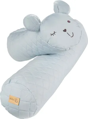 A light blue baby bolster pillow shaped like a bear, with embroidered facial features.