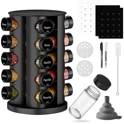 Produktbild von Rundes schwarzes Gewürzregal mit 20 schwarzen Gewürzgläsern, 360° drehbarem Gewürzkarussell aus Edelstahl, Gewürzorganizer, Gewürzständer, Gewürzgläser mit Streueinsatz