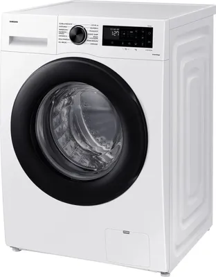 A white Samsung front-load washing machine is shown from a diagonal front-right perspective.