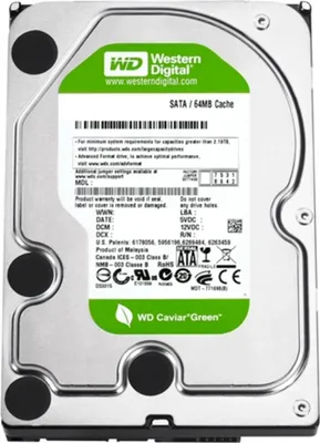 A Western Digital Caviar Green internal hard drive is shown against a white background.
