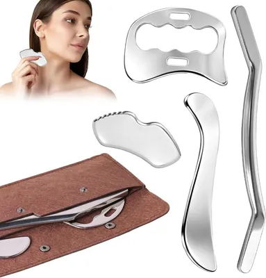 Produktbild von Gua Sha Massagegerät 4-in-1, Edelstahl, mit Aufbewahrungstasche, für Gesicht