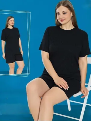 Produktbild von Damen Pyjama Schwarz 3XL Shorty Kurz 2-Teiler Set Baumwolle C-93