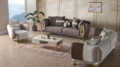 Produktbild von Sofagarnitur 3+3+1 Sitzer Wohnzimmer Set Komplett Textil Sofa Sessel Holz Neu