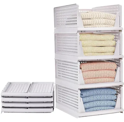 Produktbild von Aufbewahrungsboxen für Kleidung - Stapelbarer Kleiderschrank Organizer - Ausziehbare Kunststoffschubladen - Set mit 4 - Für Schrank und Kleiderschrank - Weiß