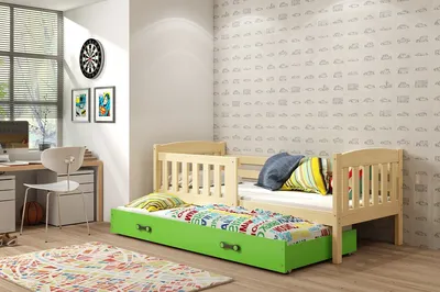 Image de Lit enfant avec lit d'appoint et matelas 90x200 BRIGID - pin / vert