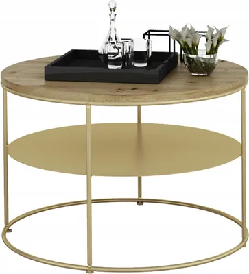 Zdjęcie produktu dla Okrągły Stolik Kawowy z Półką Loft 55 x 55 x 37 Złoty+Dąb Artisan
